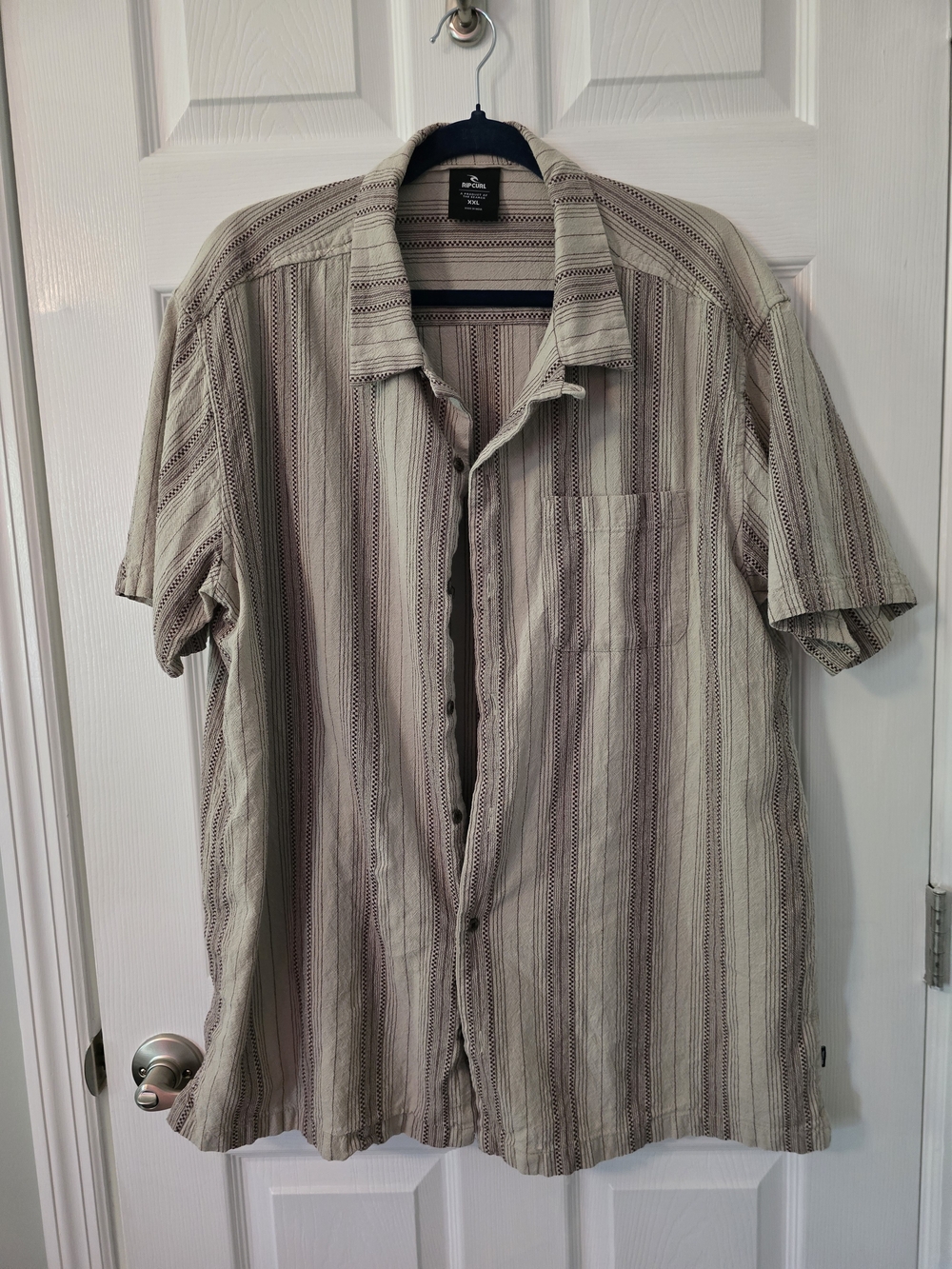 Rip Curl Cream and Brown Striped Short-Sleeve Button-Up Shirt